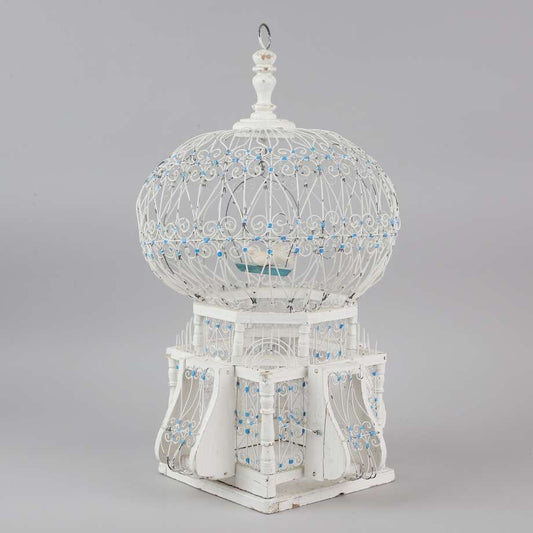 Antique White Wire Birdcage with Dome Top and Blue Accents