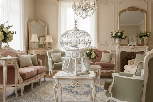 Antique White Wire Birdcage with Dome Top and Blue Accents