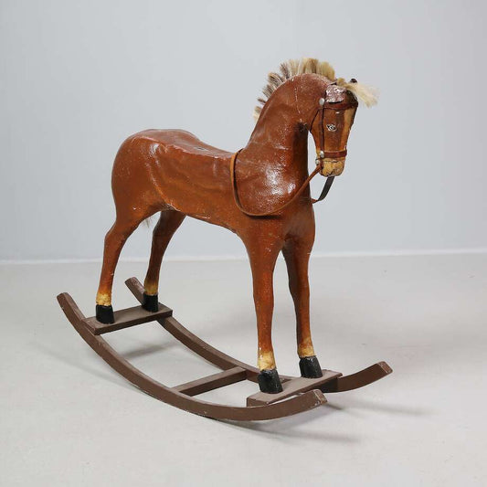 Antique Rocking Horse in Reinforced Fabric & Wood, Late 19th Century