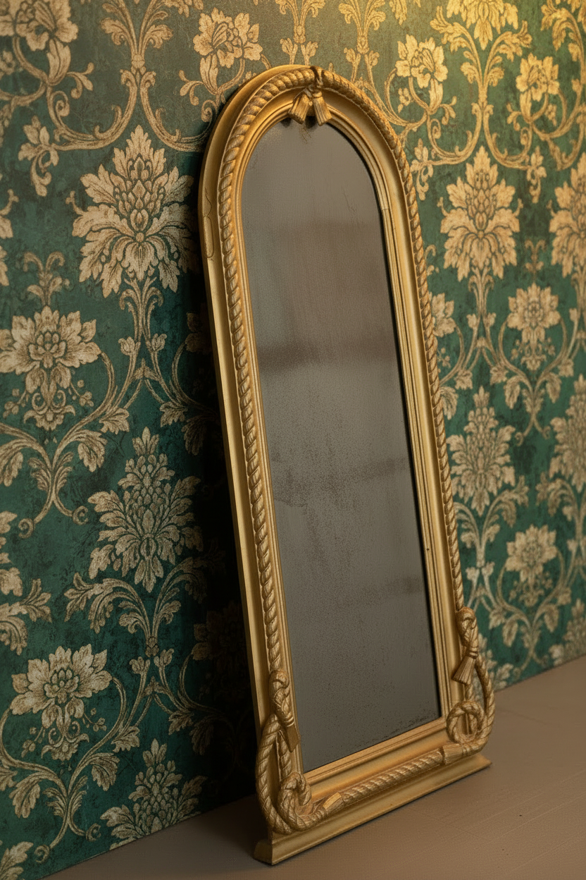 19th Century Gilded Wall Mirror with Braided Rope & Tassel Carving