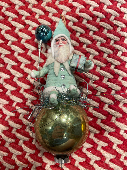 Teal Santa On Glass Ball | Vintage by Crystal Spun Cotton Ornament