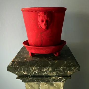 Red Unglazed Lion Pot with Saucer on Legs | Handmade Erik Bendtsen Ceramics