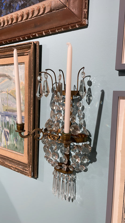 Pair of Antique Swedish Brass Wall Sconces with Crystal and Bow Detail
