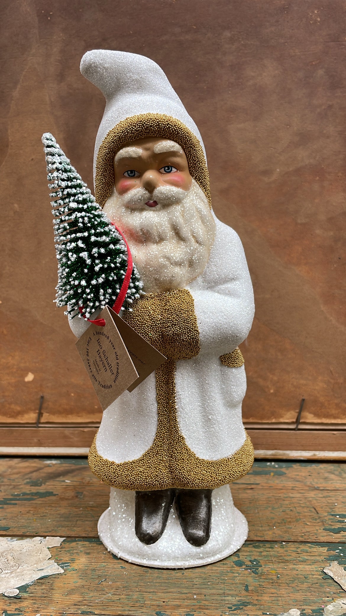 Snow White Glitter Santa With Golden Beaded Edge | Ino Schaller