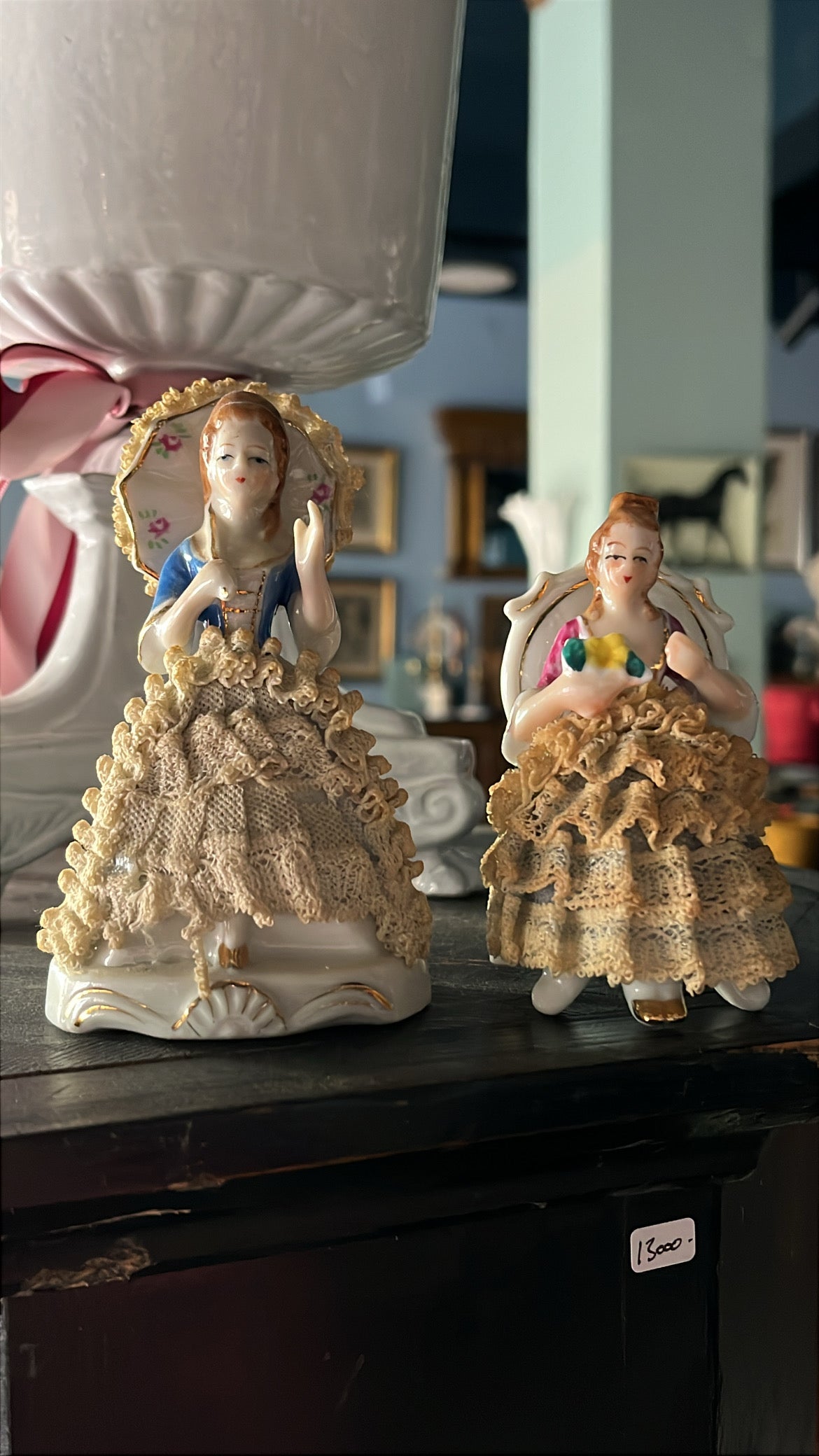 Vintage Porcelain Lady Figurine with Parasol and Lace Skirt