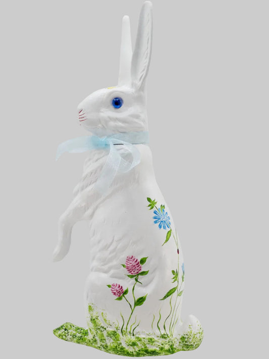 White Bunny Sitting with Bow - Large, Candy Box - Hand Painted Flower Decorations | Ino Schaller