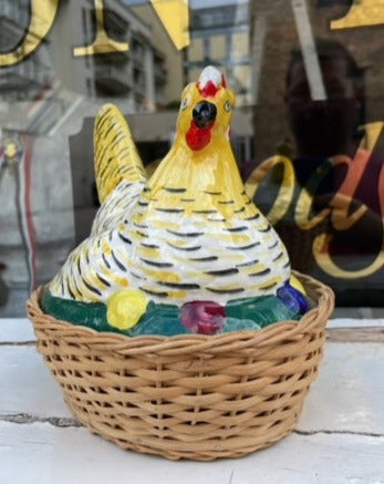 Vintage Swedish Chicken on Wicker Basket