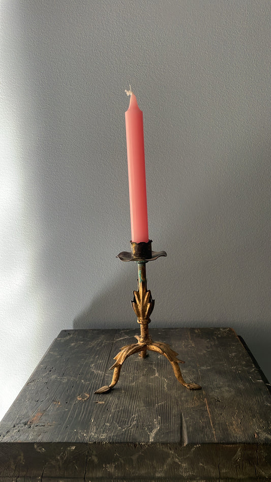 Antique French Brass Candlestick with Tripod Leaf Base