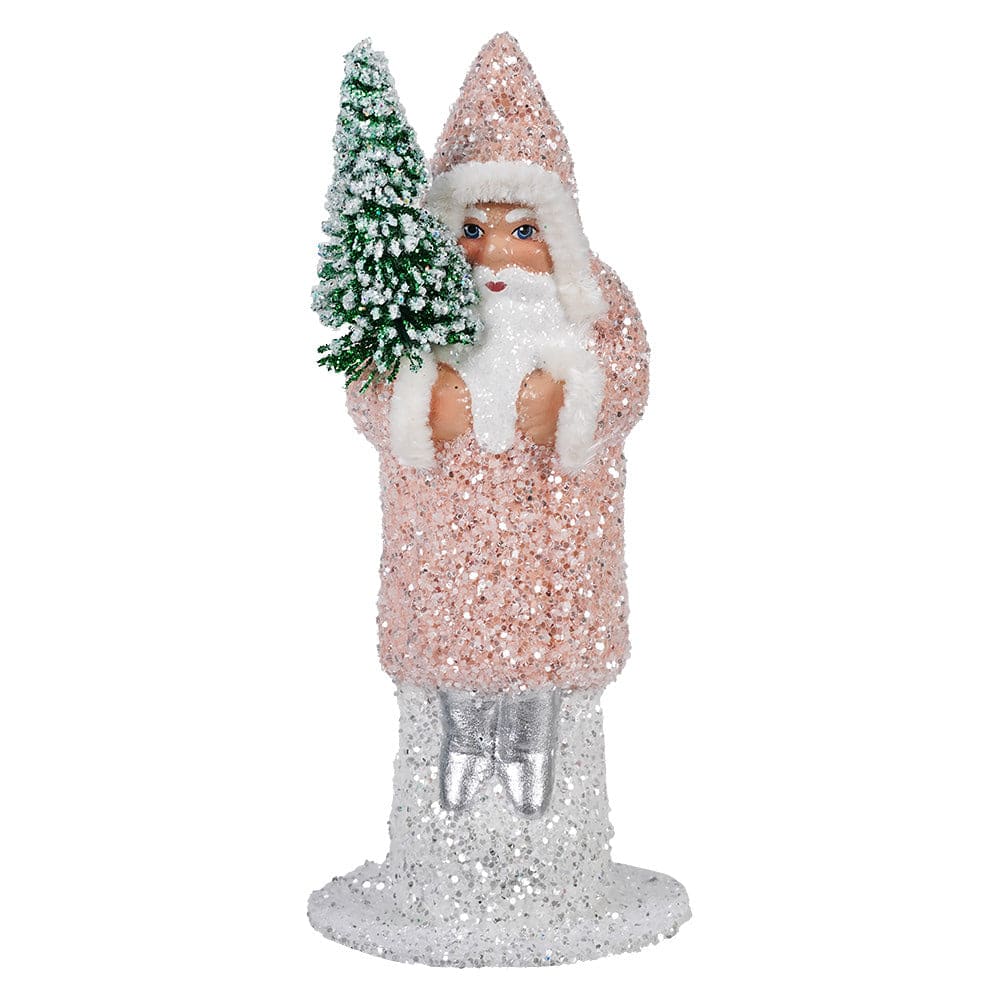 Pink glittered coat Santa Holding Frosted Tree.