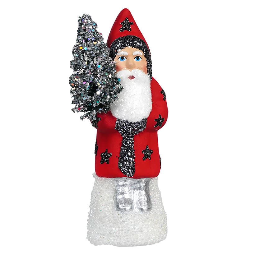 Red beaded Onyx Star Santa Holding Tree