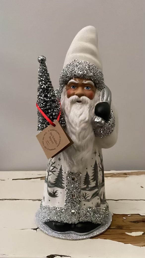 Santa no. 6 - White/Blue Beaded Coat with Hand Painted Forest Motif | Ino Schaller