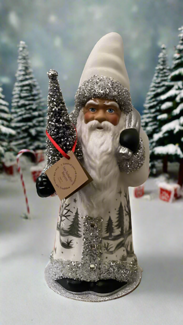 Santa no. 6 - White/Blue Beaded Coat with Hand Painted Forest Motif | Ino Schaller