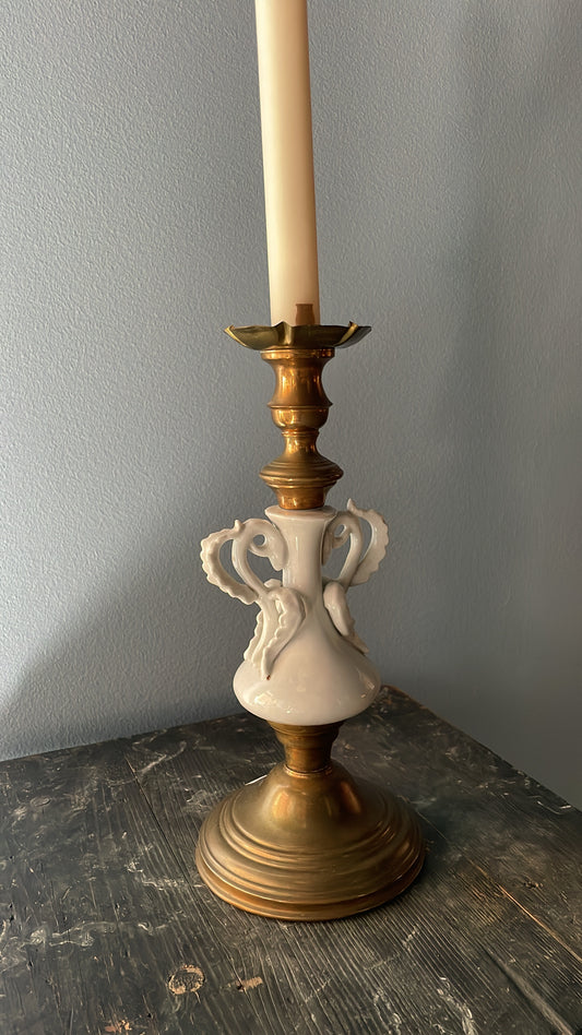 French Brass & Glazed Ceramic Candlestick with Rococo Handles