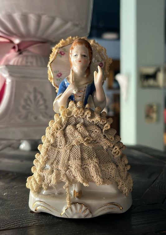 Vintage Porcelain Lady Figurine with Parasol and Lace Skirt