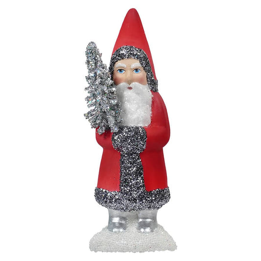 Red Santa with Silver Glitter Holding Tree