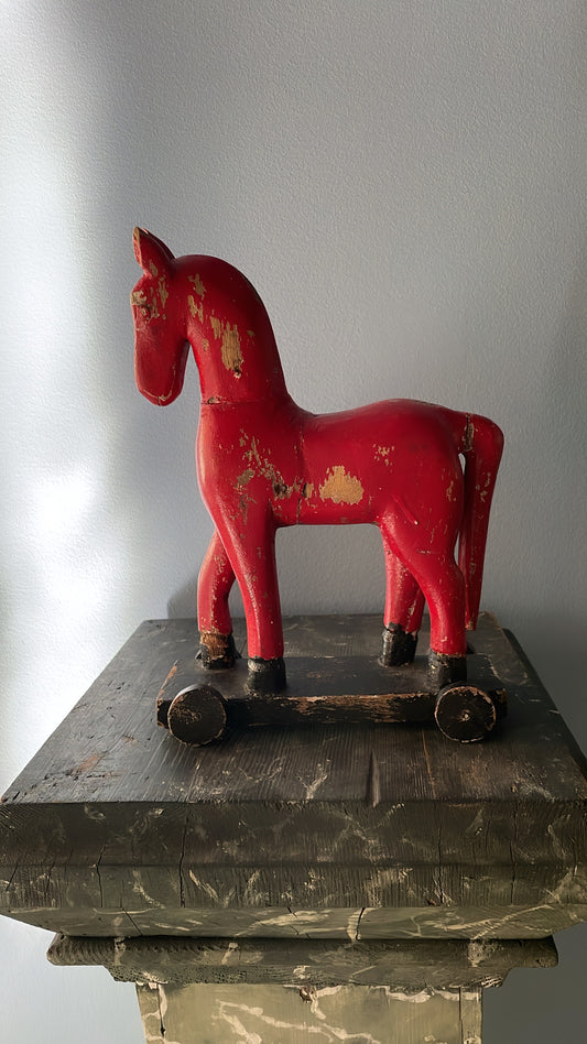 Antique Wooden Horse on Wheels, Scandinavian – Painted Red