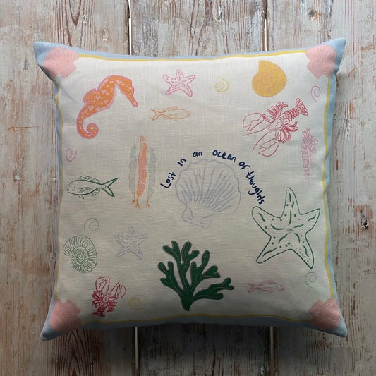 Lost in Thoughts of Ocean Cushion (Light Blue & White)
