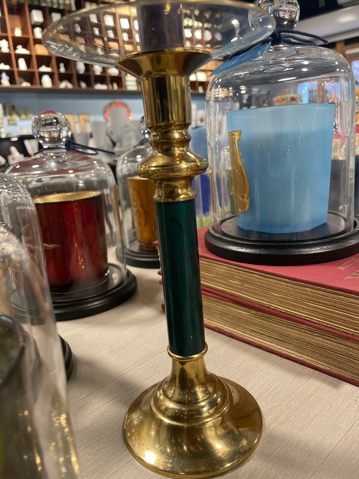 Antique French Brass Candle Holder with Faux Green Malachite Marble