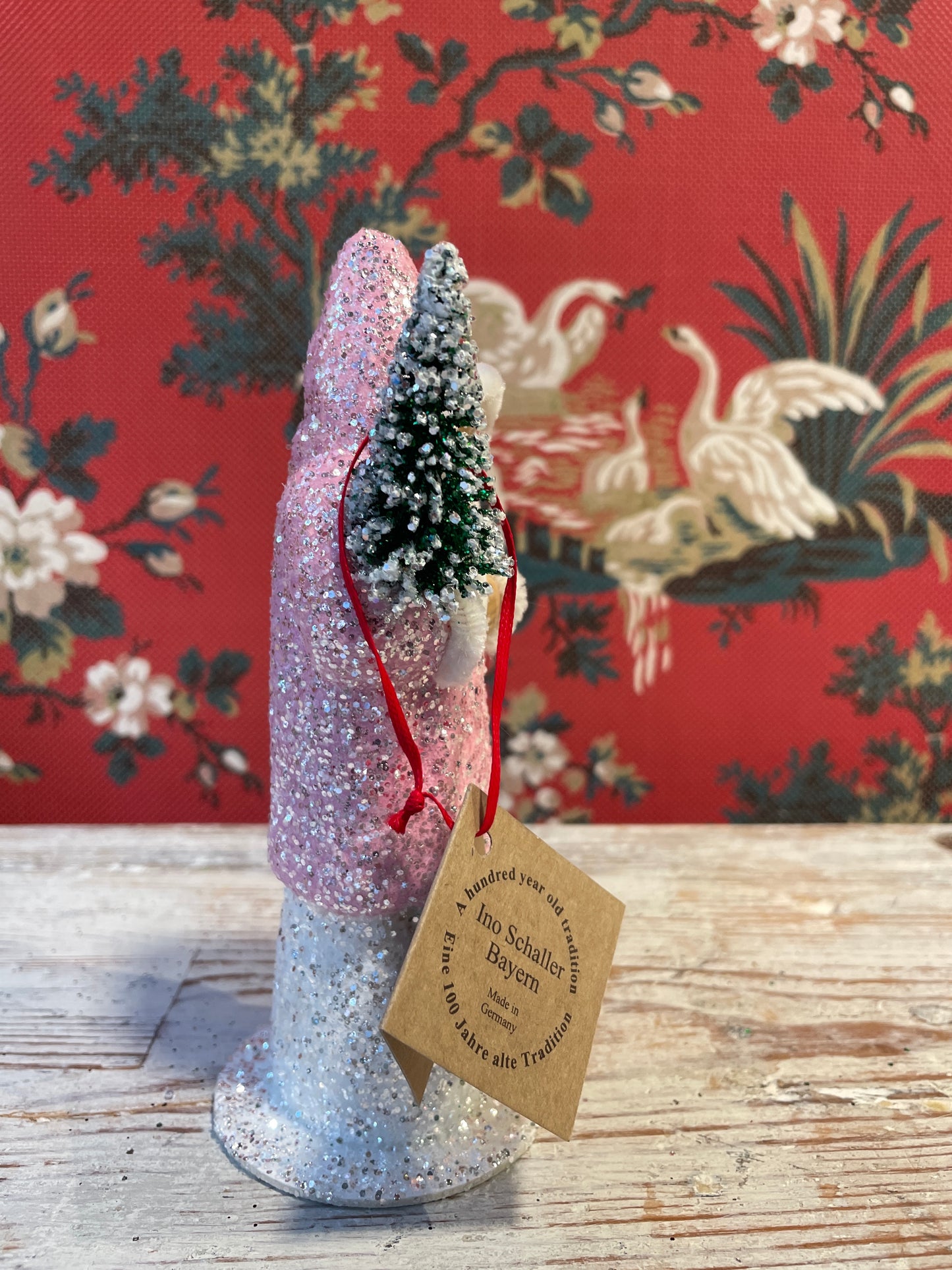 Brilliant Candy Pink Glittered Santa Holding Frosted Tree | Ino Schaller