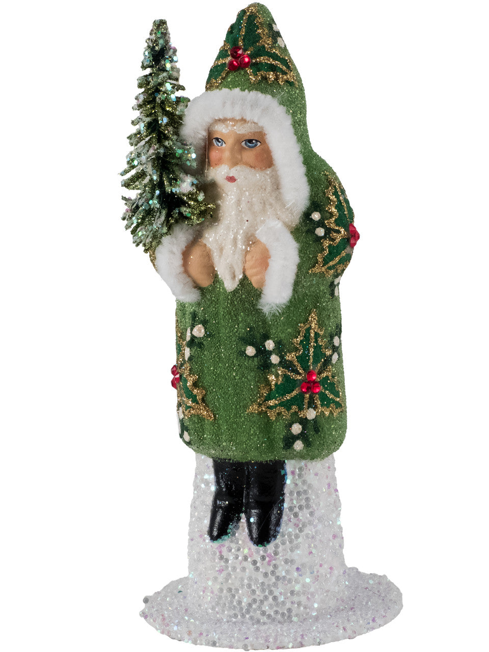 Santa Green Beaded Coat with Hand Painted Holly Motif - Ino Schaller