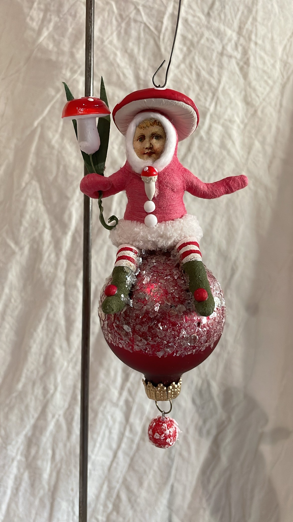 Mushroom Child On Ball Ornament - Vintage by Crystal | Vintage by Crystal Spun Cotton Ornament