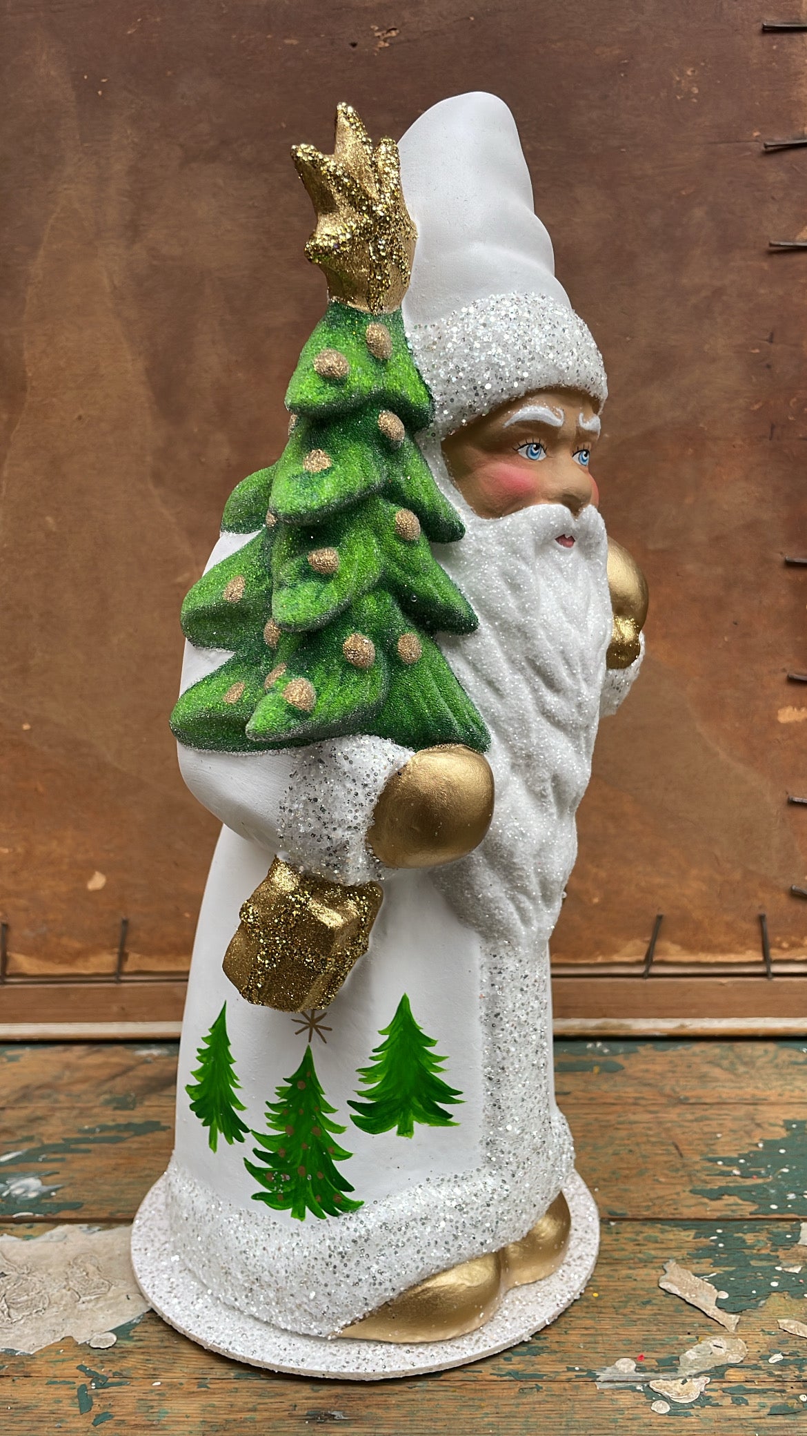 Matte White Santa With Tree Scene, Golden Bag, & Large Beaded Tree with Star | Ino Schaller
