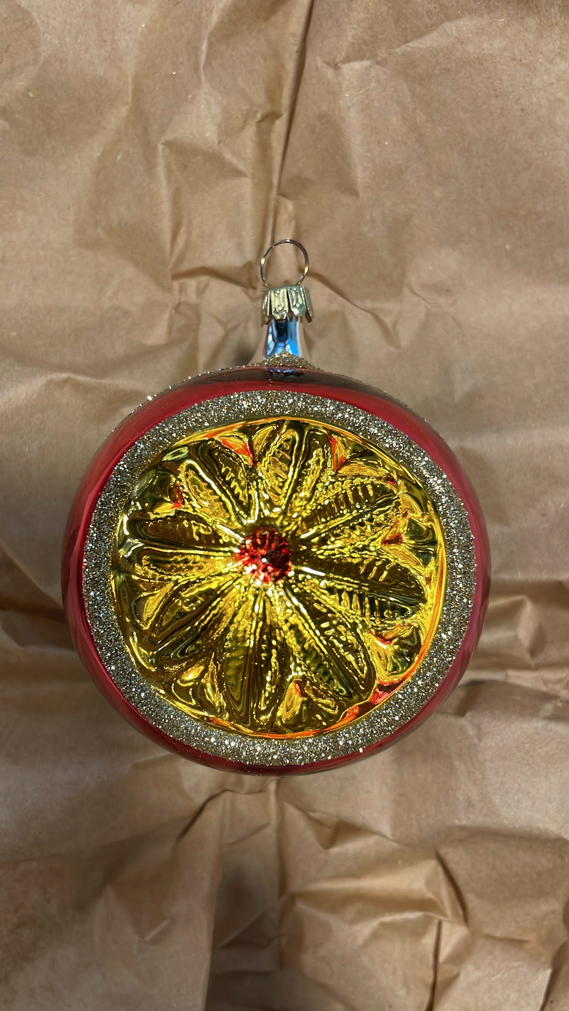 Red Reflecting Ball with Velvet Pattern| Nostalgie Christbaumschmuck
