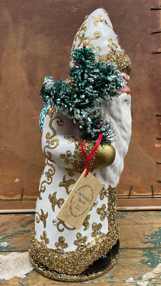 White with Gold Santa with Gold Decoration & Crystals & Peacock Blue Bag| Ino Schaller