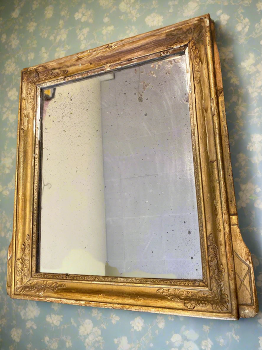 Vintage French Louis Philippe Gold Mirror – Carved Wood Frame with Distressed Patina
