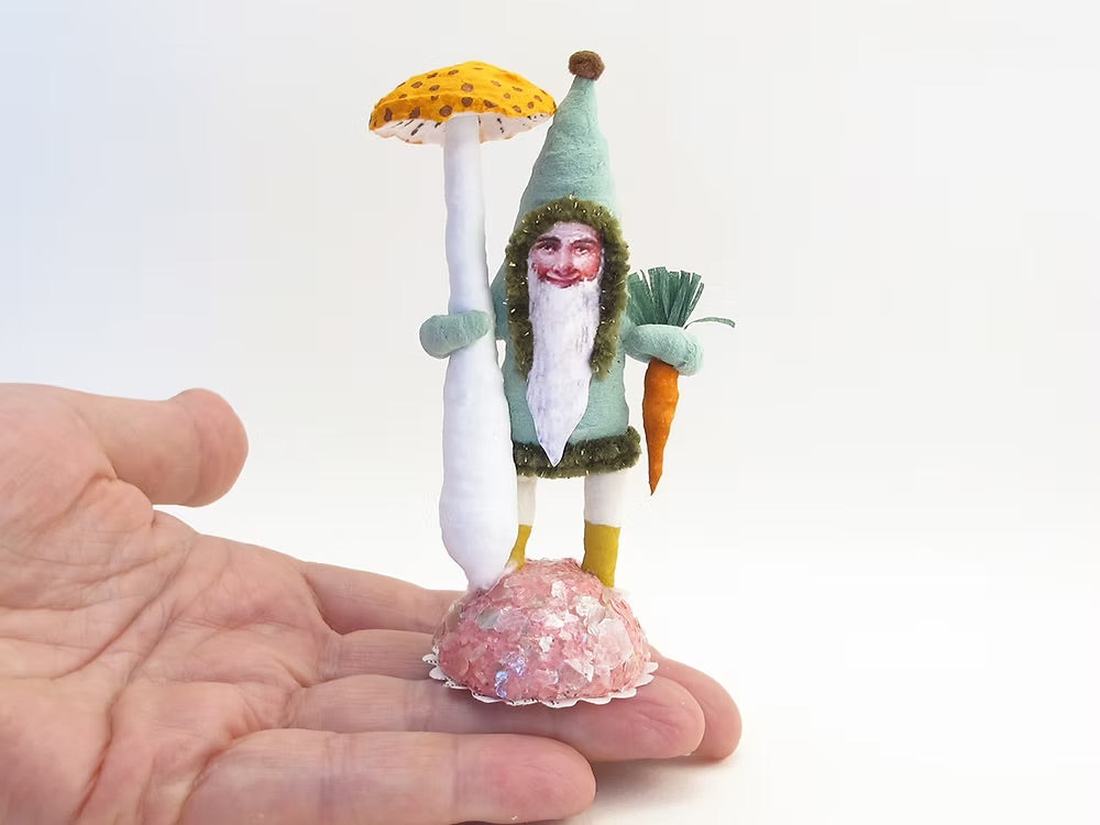 Field Gnome With Mushroom Figure | Vintage by Crystal Spun Cotton Ornament