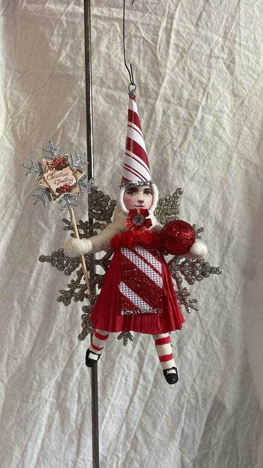 Candy Cane Striped Princess On Snowflake Ornament - Vintage by Crystal | Vintage by Crystal Spun Cotton Ornament
