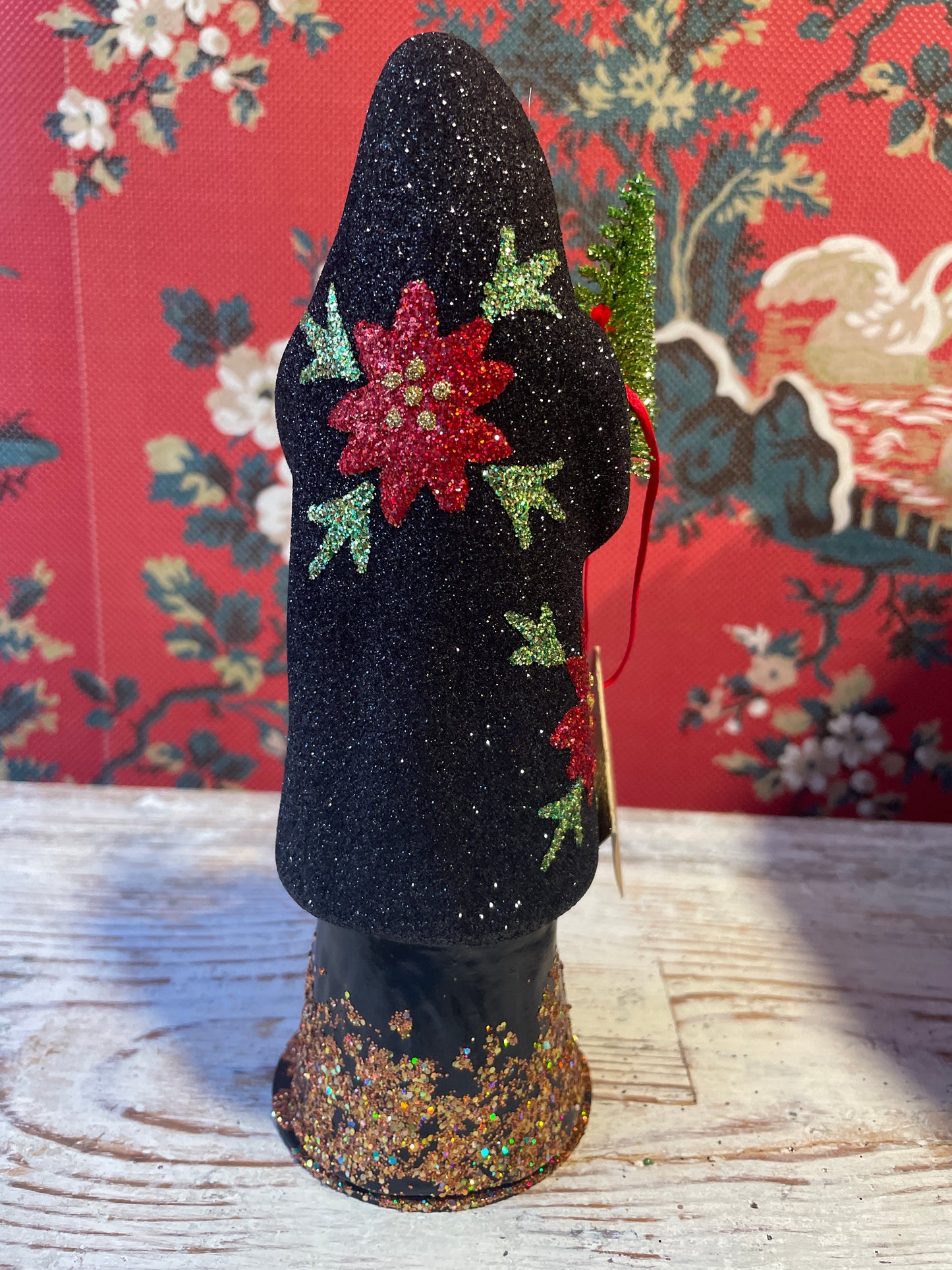 Black Glitter Santa With Poinsettia | Ino Schaller