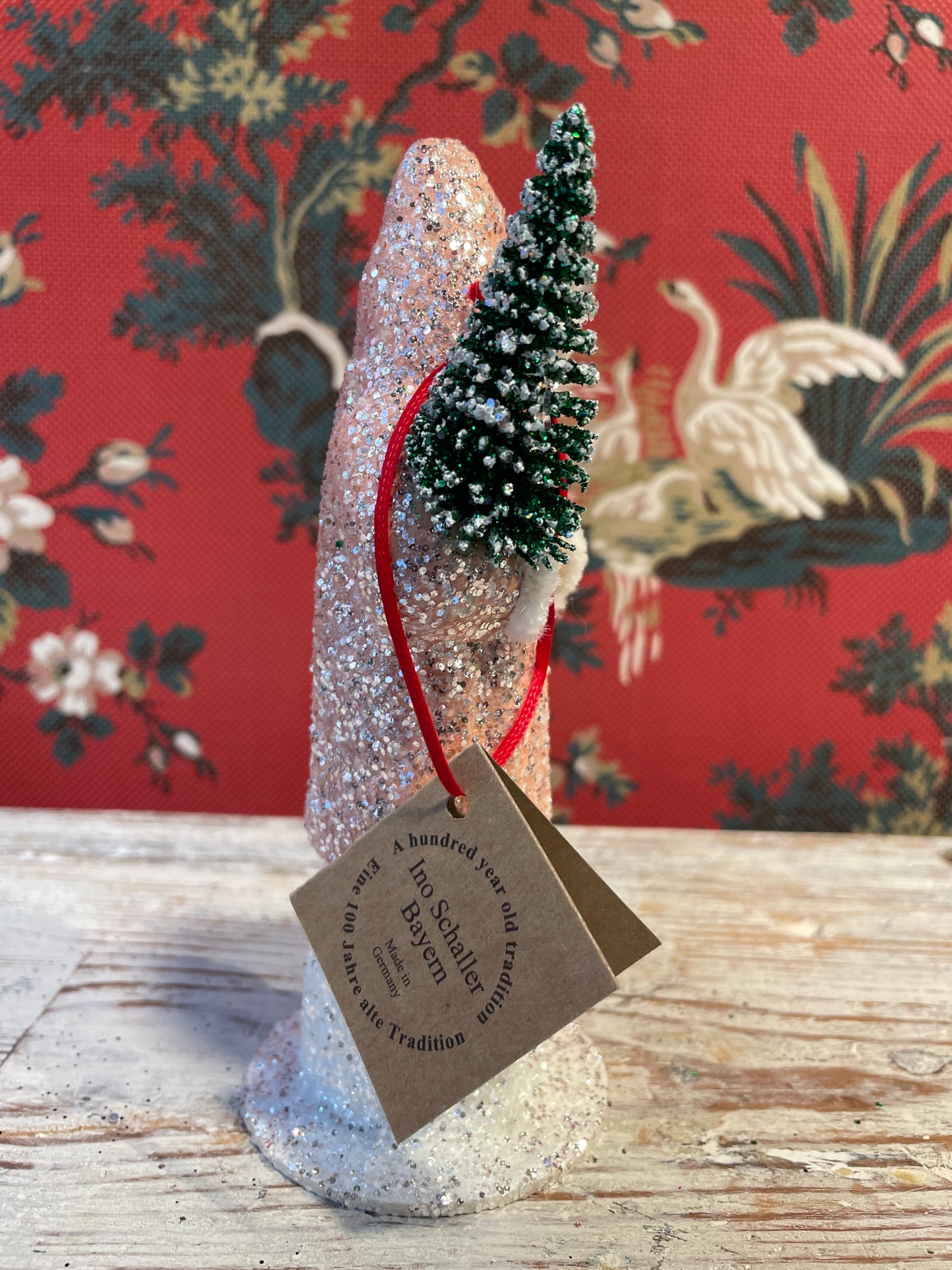 Nude Pink Glittered Santa Holding Frosted Tree | Ino Schaller