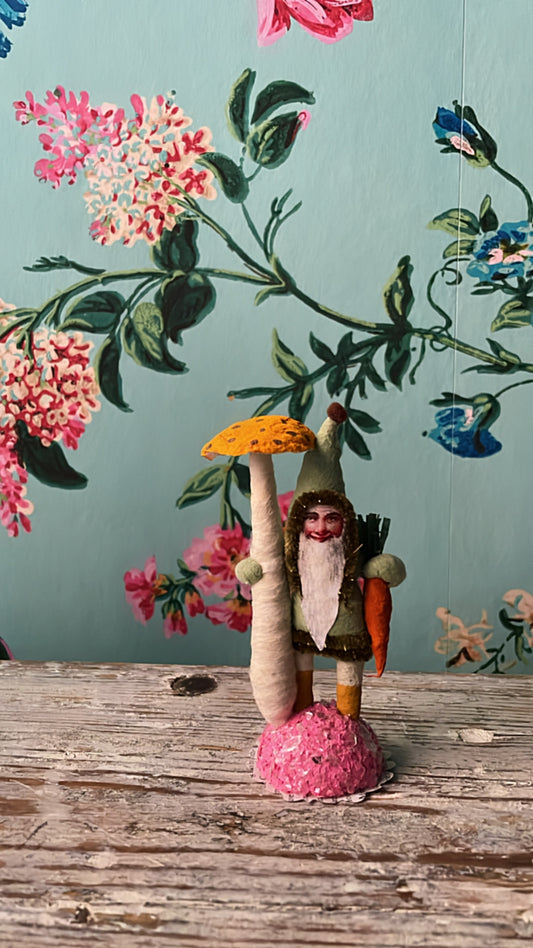 Field Gnome With Mushroom Figure | Vintage by Crystal Spun Cotton Ornament