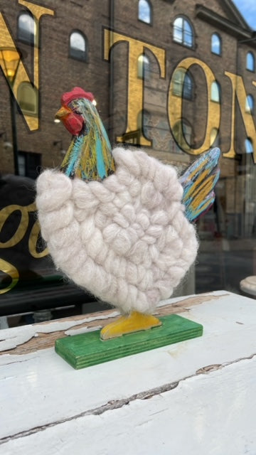 Vintage Swedish Painted Chicken with Wool "Feathers"
