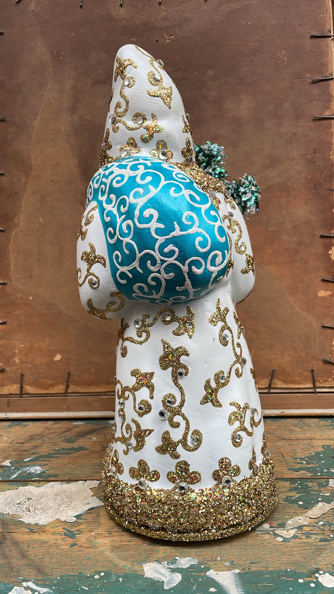 White with Gold Santa with Gold Decoration & Crystals & Peacock Blue Bag| Ino Schaller