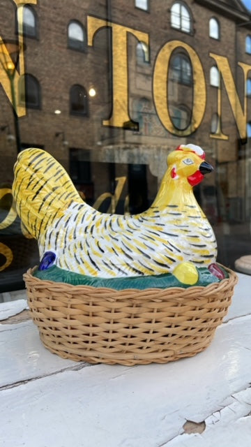 Vintage Swedish Chicken on Wicker Basket