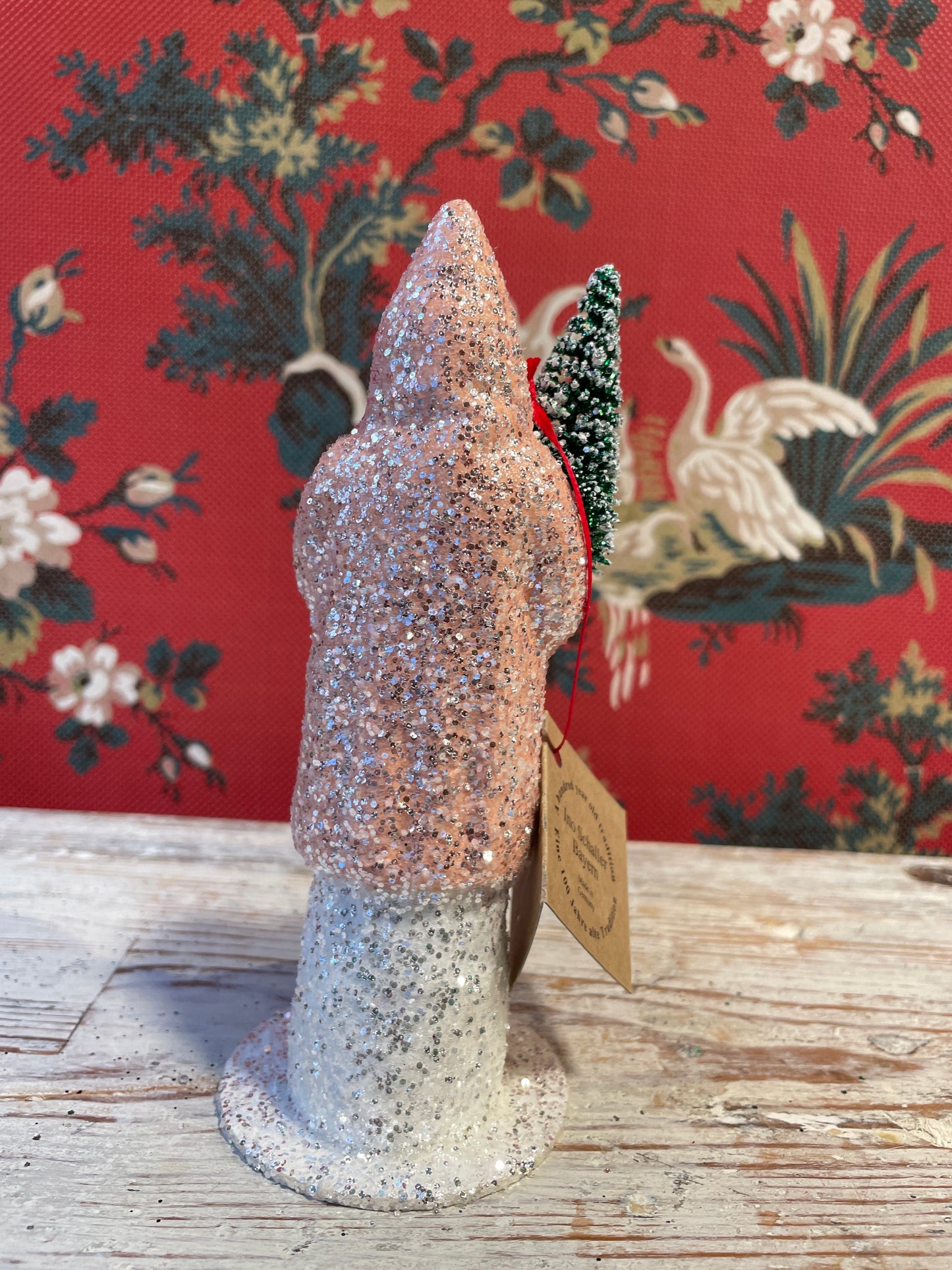 Nude Pink Glittered Santa Holding Frosted Tree | Ino Schaller