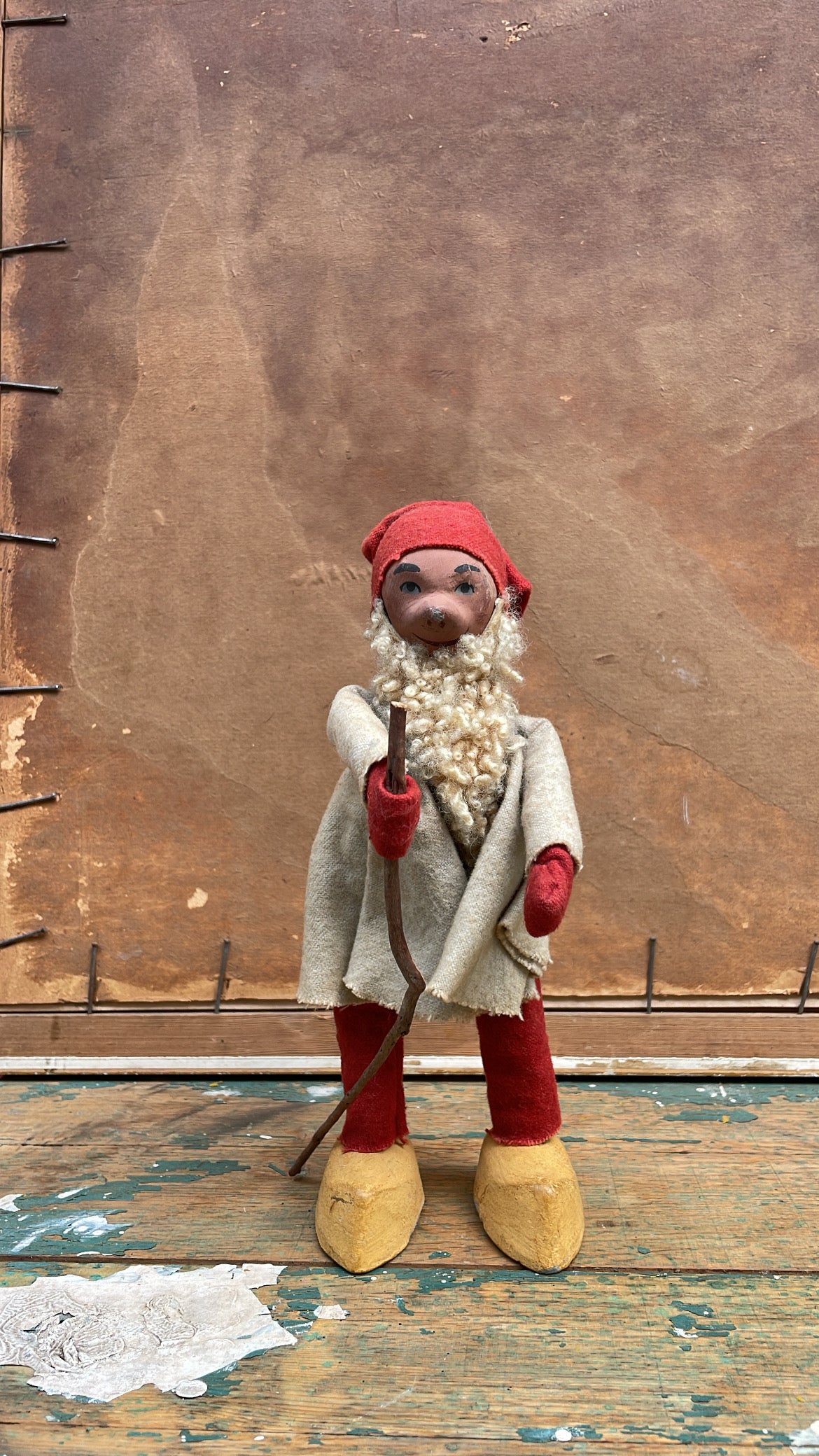 Vintage Swedish Tomte Figurine with Wooden Staff — Svensk Slöjd Folk Art