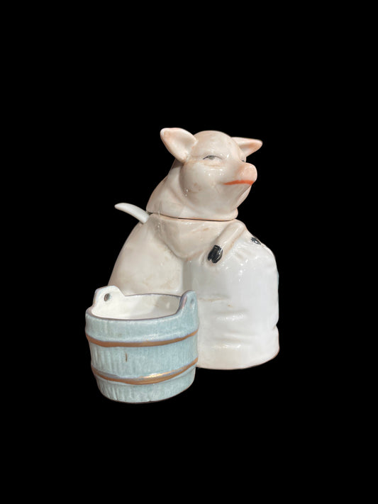 Pig Mustard Pot with Double Buckets (c. 1900) French Porcelain