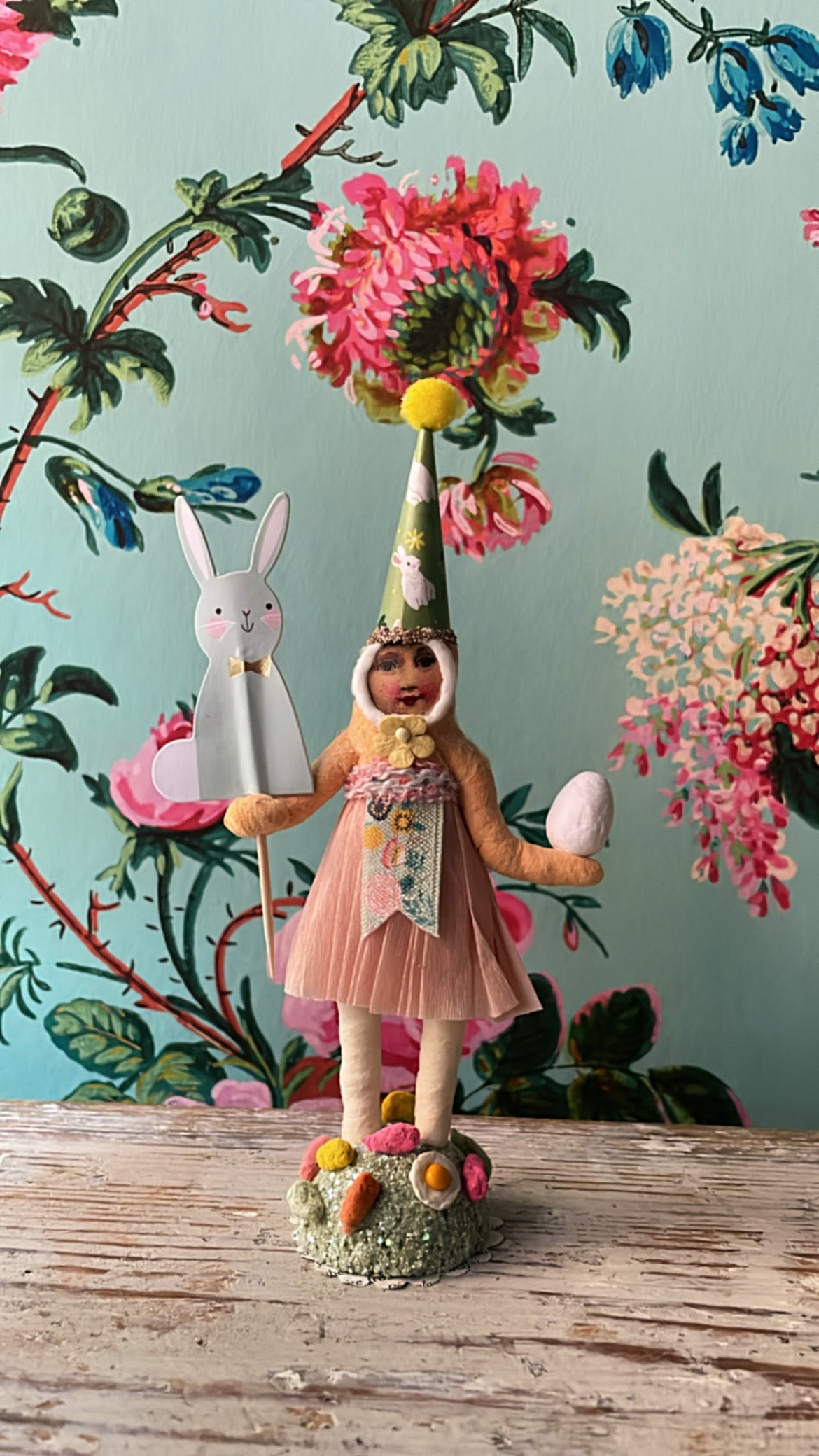 Easter Girl - Blue Bunny Pick - Figure | Vintage by Crystal Spun Cotton Ornament