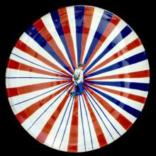 Commune de Paris Tricolore Dessert Plate with Person, set of 6 by Astier de Villatte, B2B view on black background
