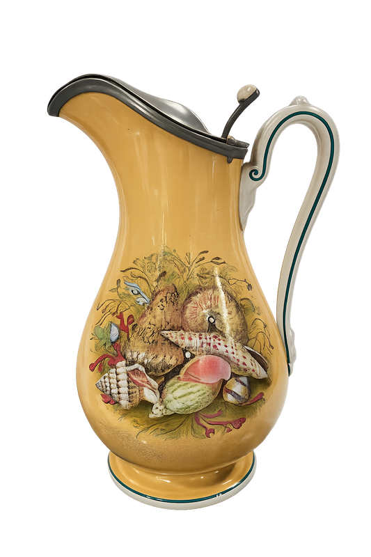 Antique Faience Pitcher with Pewter Lid Marine Motif, late 19th century