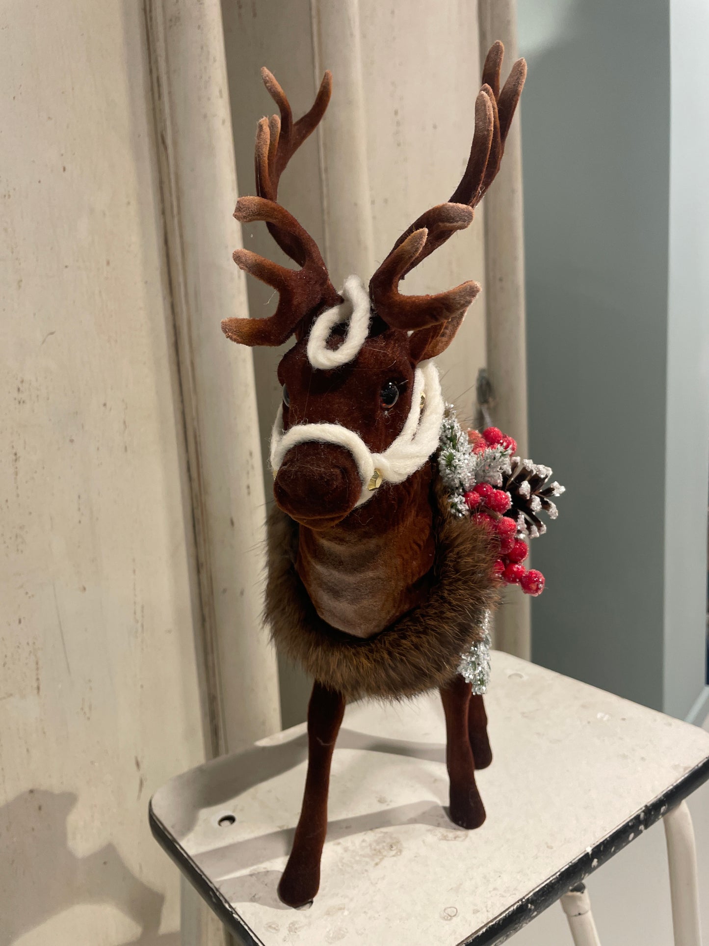 Brown Reindeer Flocked With Antlers Fur, Reins, and Christmas Deco | Ino Schaller