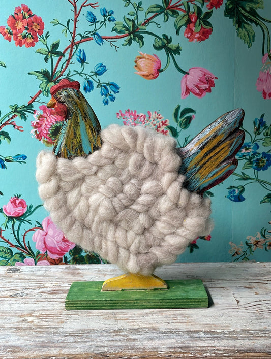 Vintage Swedish Painted Chicken with Wool "Feathers"