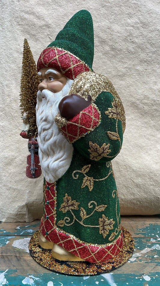 Green Beaded Santa with Red Trim, Goldleaf Boots & Crystals | Ino Schaller