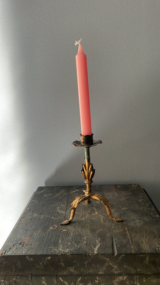 Antique French Brass Candlestick with Tripod Leaf Base
