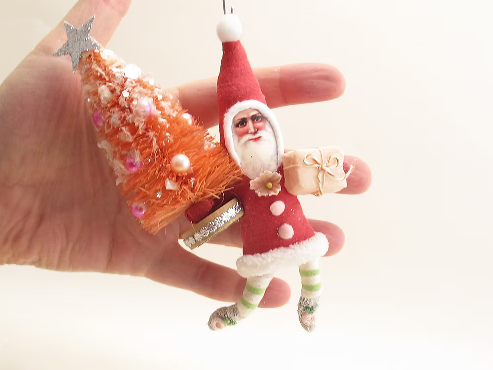 Big Tree Santa Ornament | Vintage by Crystal Spun Cotton Ornament