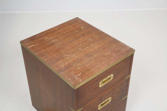 Vintage English Campaign-Style Brass-Bound Chest, Three Drawers (58 cm H)