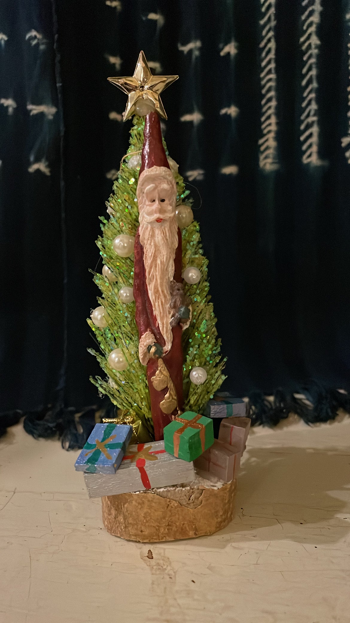 Tall Santa and Green Brush Christmas Tree